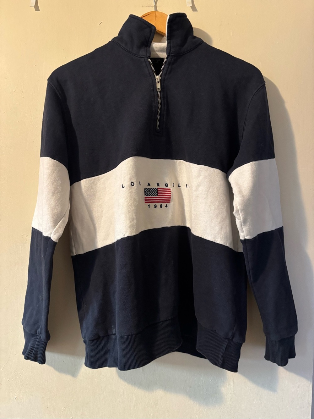 Brandy Melville Navy and White Half-Zip Turtleneck Oversized Sweater